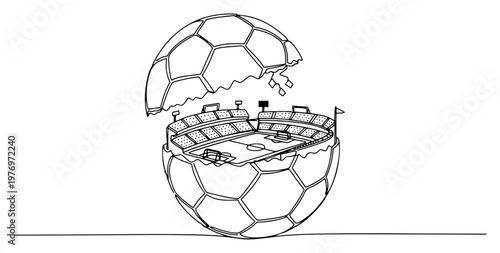 Fotografie Continuous line drawing of a soccer ball opening to reveal a miniature stadium i
