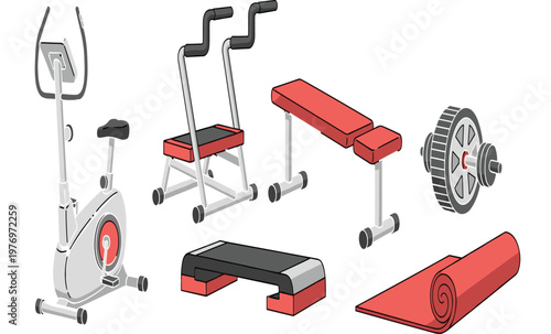 Home gym cartoon illustration with stationary bike stepper bench and fitness equipment isolated on white
