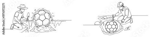 Obraz na płótnie Continuous line drawing of archaeologists excavating a soccer ball like an ancie