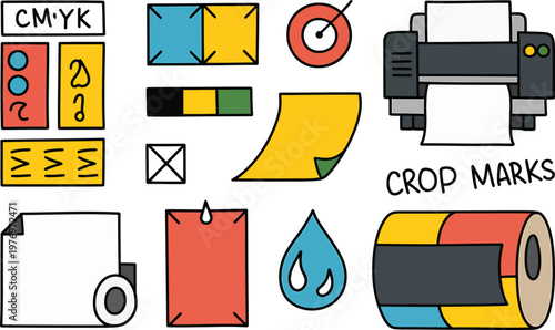 Hand-drawn doodle set of printing industry including a printer, cmyk color swatches, crop marks, paper sheets, ink droplets, and a large paper roll with colorful segments
