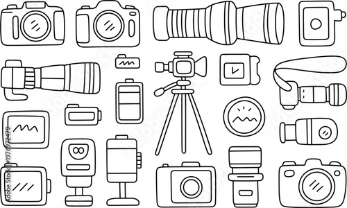 Hand-drawn doodle set of equipment including various digital cameras, telephoto lenses, a camera on a tripod, external flash units, batteries, and memory cards on white background