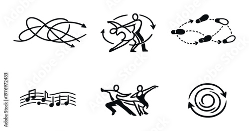 Dance and movement icons arranged in grid on dark background