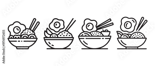 Set of Asian food bowls with fried eggs and chopsticks, flat design vector illustration.