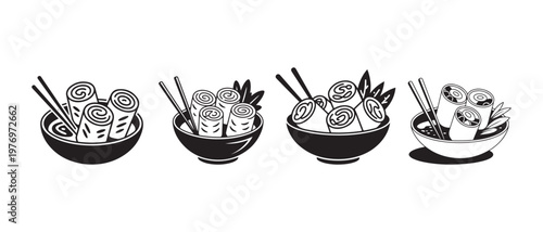 Asian food bowls with chopsticks and garnishes.