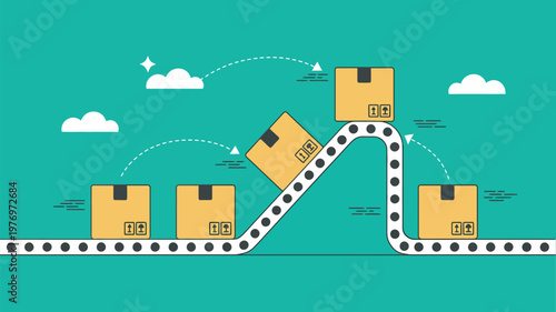 A cartoon illustration of a conveyor belt with boxes moving up and over a curve against a green background with clouds.