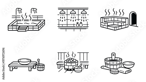 Spa and sauna icons showing tubs showers benches on dark background