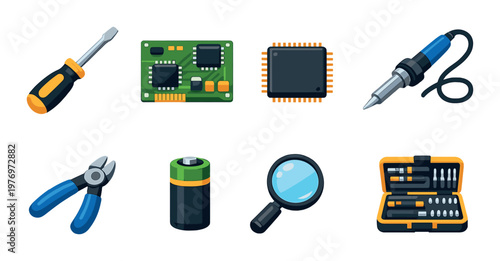Electronic tools and components arranged on dark background