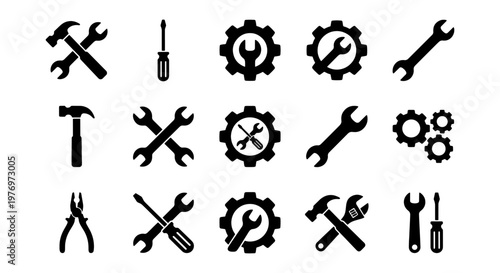 Industrial repair tool icons, 15 black mechanic gear vectors, hardware set