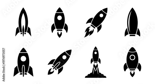 Rocket ship icon set, black space shuttle vectors, 8 launch symbols
