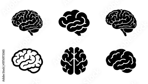 Photos Human brain icon set, 6 black vector brain symbols, neurology medical icons