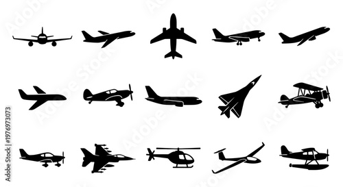 Airplane silhouette set, 15 aircraft vector icons, aviation flight symbols