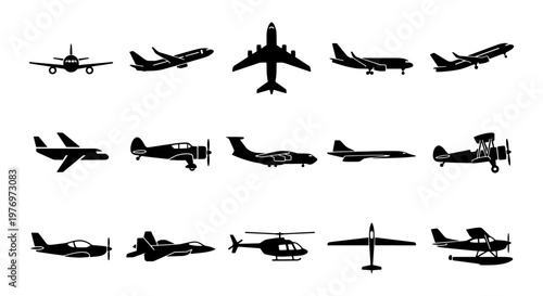 Airplane silhouette icons, 15 aircraft vector set, aviation symbols