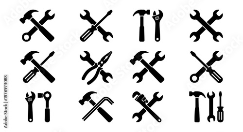 Industrial work tools icons, 12 black repair tool vectors, hardware set