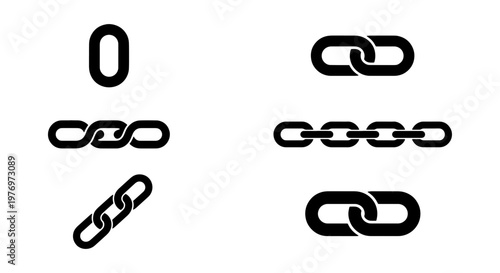Black chain link icons, metal link set, industrial connection vector