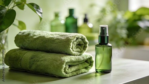 A serene bathroom setup with green towels and toiletries on a countertop