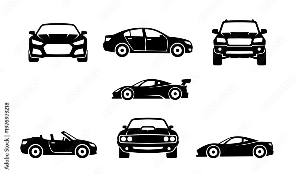 Fototapeta premium Modern car icons set, black vehicle silhouettes, 7 automotive vector signs