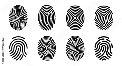 Fingerprint icon set, biometric identification symbols, 8 vector elements