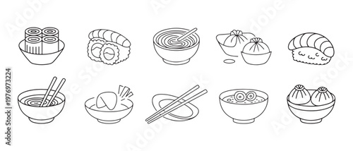 Asian food icons collection. sushi, ramen, dumplings, dim sum, and spring rolls in line art style.