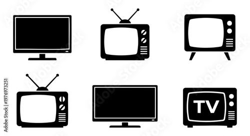 Retro television icons set, vintage TV vector collection, black screen symbols