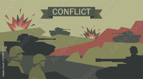 Stylized military conflict scene with tanks, soldiers, and explosions