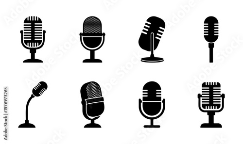Vintage microphone icons set, retro podcast mic vector, 8 audio symbols