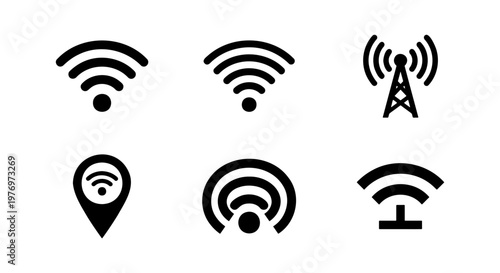 Wireless wifi icon set, 6 black network signal symbols, internet vector