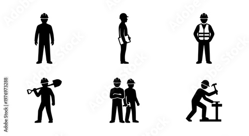 Construction worker icons, builder silhouette set, industrial labor vector