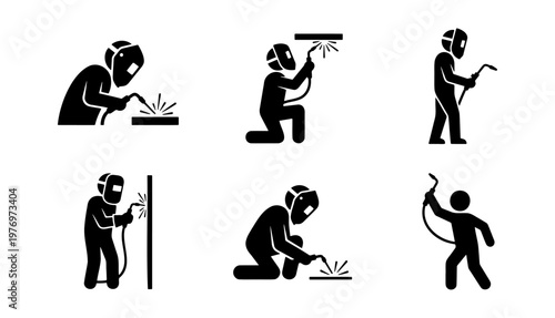 Industrial welder icons, professional welding worker set, 6 black vectors