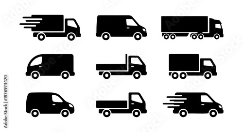 Delivery truck icon set, 9 shipping van vector silhouettes, logistics symbols