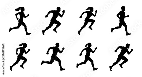 Running people silhouettes, 8 athlete vector icons, jogging man and woman