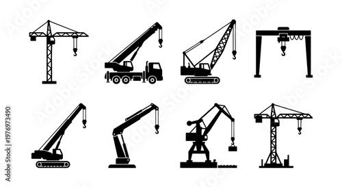 Industrial construction crane icons, 8 heavy machinery vector silhouettes