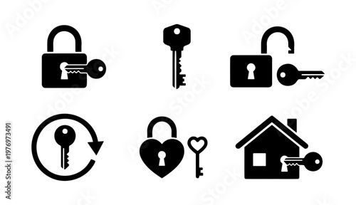 Security lock and key icons, black padlock vector set, home safety symbols