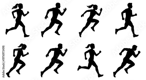 Running silhouettes set, 8 jogging people icons, black athlete vector