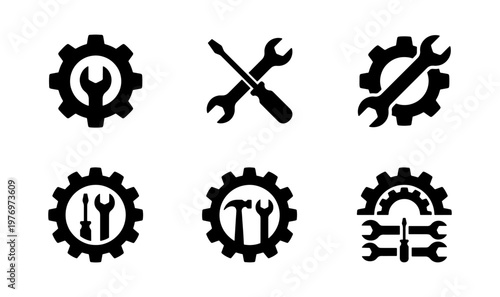 Industrial gear and tool icons, 6 repair service vectors, mechanical symbols