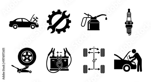 Car repair icons set, auto service symbols, 8 black vector elements