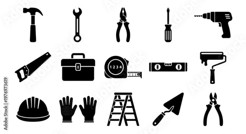 Construction tool icons, 15 black hardware vector set, repair equipment