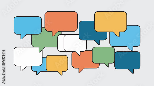 A colorful illustration of multiple speech bubbles in various colors and shapes on a light gray background