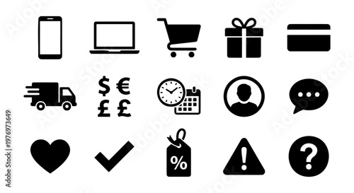 E-commerce shopping icons, 15 black vector symbols, online retail set