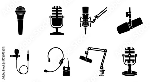 Professional microphone icons set, podcast recording equipment vectors