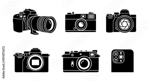 Camera icons set, 6 black silhouette photography vector elements, dslr and film