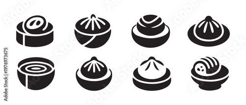 Collection of diverse dim sum and dumpling icons, flat design vector illustration.