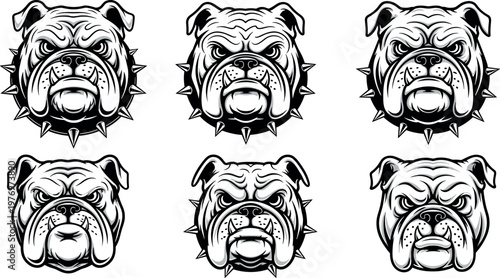 Black and White Bulldog Mascot Head Collection with Fierce Expressions and Spiked Collar for Sports Logo Tattoo and Emblem Design