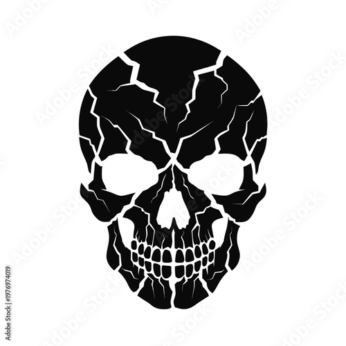 Cracked skull vector illustration, black human cranium with fracture lines, gothic skeleton head silhouette for t-shirt design and posters