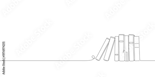 Minimal line art books on shelf, continuous one line drawing, education and library concept, clean modern vector outline with copy space