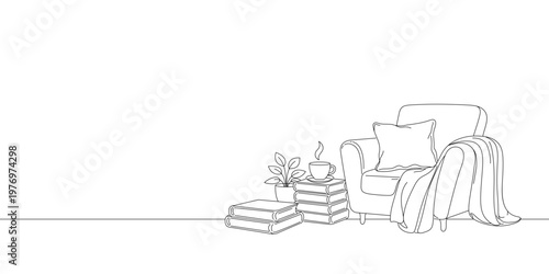 Cozy Reading Corner Line Art with Armchair, Books and Coffee, Minimal Outline Home Interior Illustration