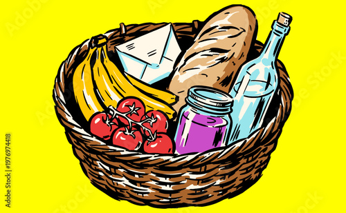 Summer picnic basket artwork. Food club design for t-shirt print, poster, sticker, background. Fresh groceries, baguette and vintage fruit art.