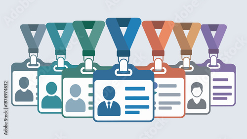A collection of colorful employee ID badges with various lanyards and name tags for identification purposes