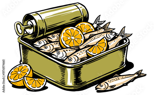 Seafood club artwork for t-shirt print. Fresh sardines with citrus, vector illustration for poster, sticker, and culinary design.