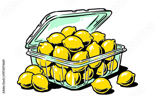 Fresh citrus vibes. Yellow lemon fruit market container. Organic harvest artwork for t-shirt print, poster, sticker, and other creative uses.