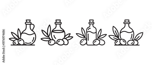 Olive oil bottles with olives and leaves vector illustration, flat icon set.